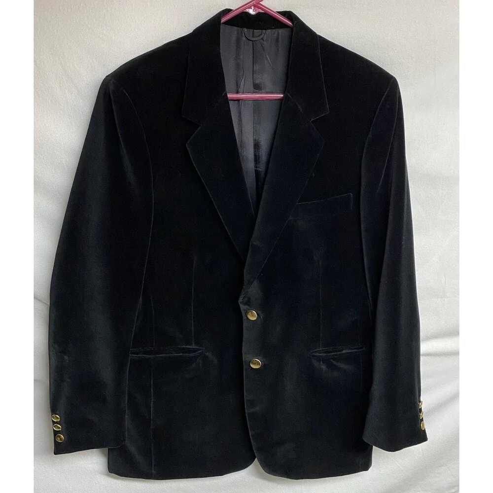 Vintage 1970s Contemporary Lines Men's Black Velvet Blazer 42 Chest Size